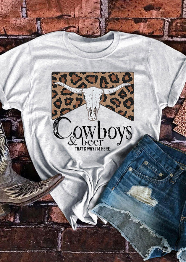 

T-shirts Tees Cowboys & Beer That's Why I'm Here Leopard Steer Skull T-Shirt Tee - Light Grey in Gray. Size