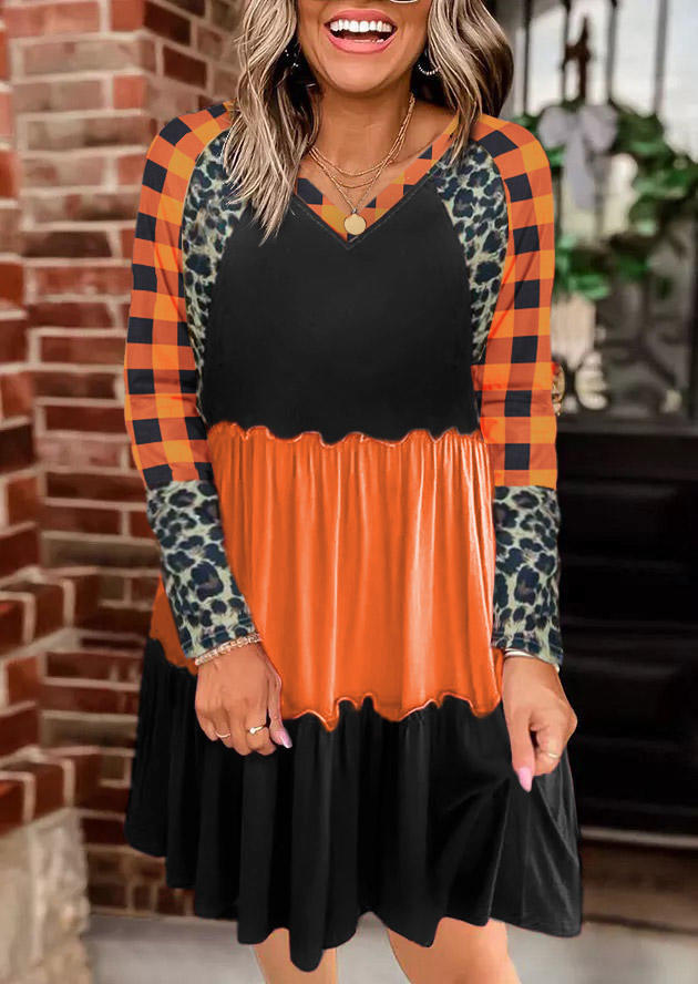 Leopard Plaid Ruffled Long Sleeve Mini Dress
