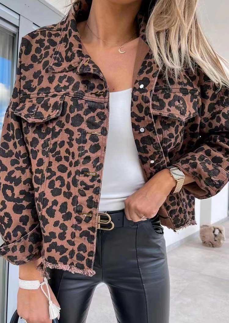 

Jackets Leopard Pocket Turn-Down Collar Jacket in Multicolor. Size