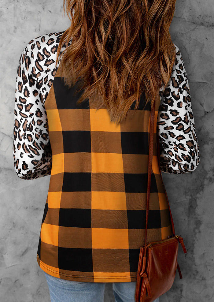 Blouses Leopard Plaid Long Sleeve O-Neck Blouse in Multicolor. Size: XL