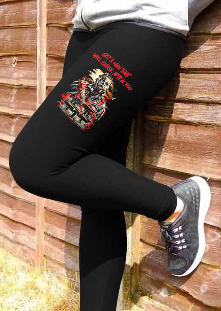 Leggings Halloween Get A Man That Will Chase After You Leggings in Black. Size: L,M,S,XL