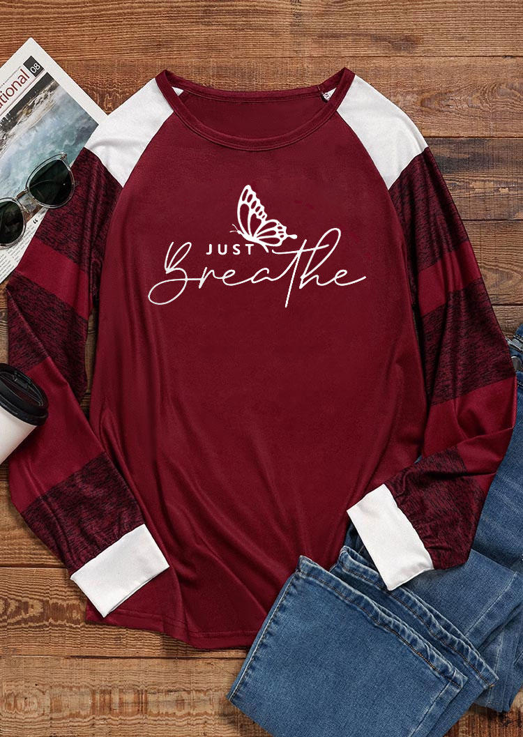 

T-shirts Tees Just Breathe Butterfly Long Sleeve T-Shirt Tee - Burgundy in Red. Size: M