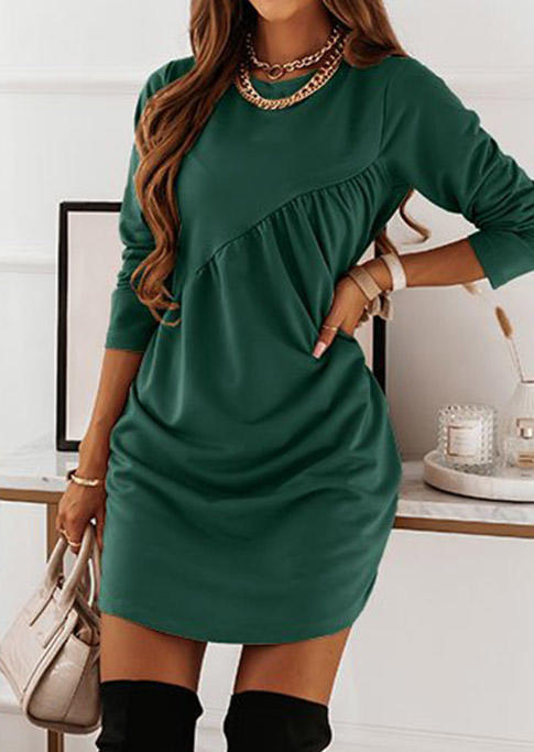 Ruffled Long Sleeve O-Neck Mini Dress - Green