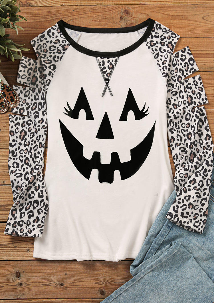 Blouses Halloween Pumpkin Face Leopard Hollow Out Blouse in White. Size: M,S