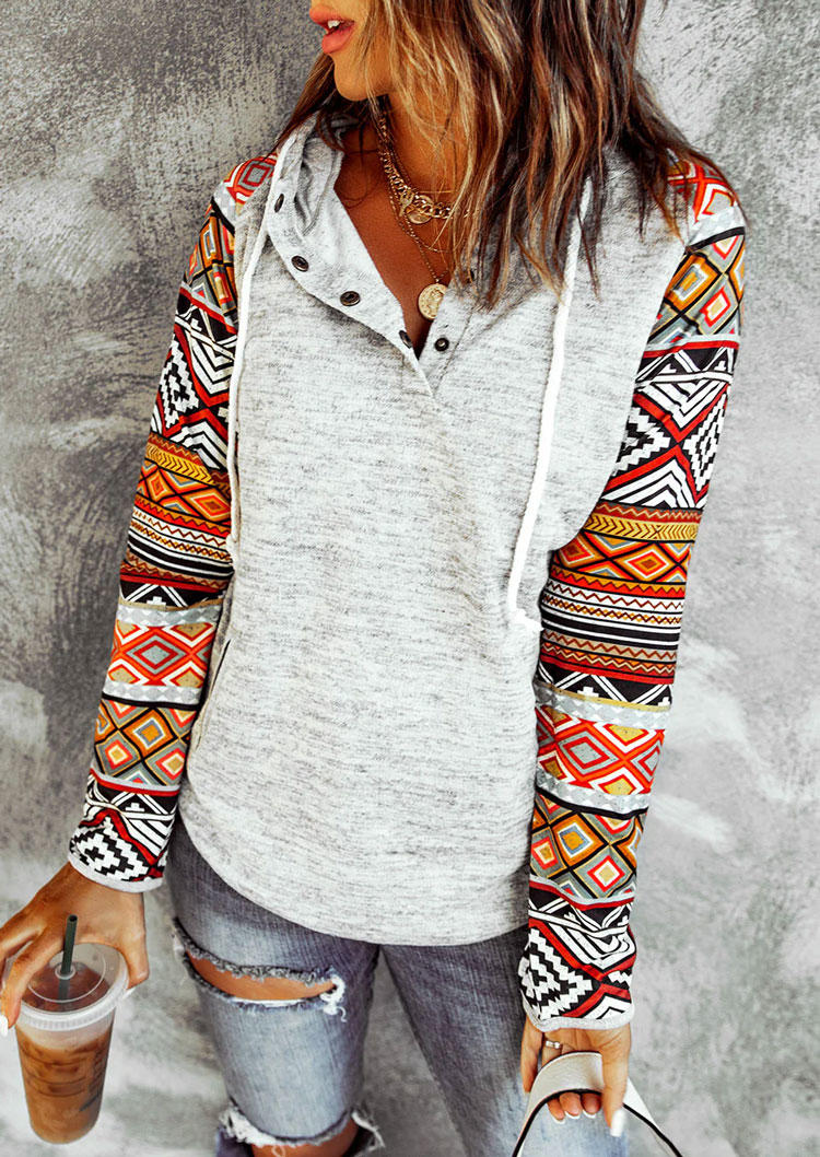 

Hoodies Aztec Geometric Button Kangaroo Pocket Hoodie - Light Grey in Gray. Size