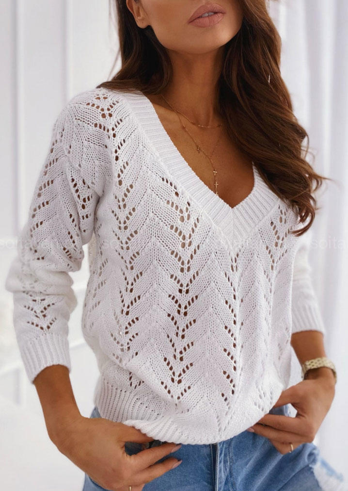 Sweaters Hollow Out Long Sleeve V-Neck Sweater in White. Size: XL