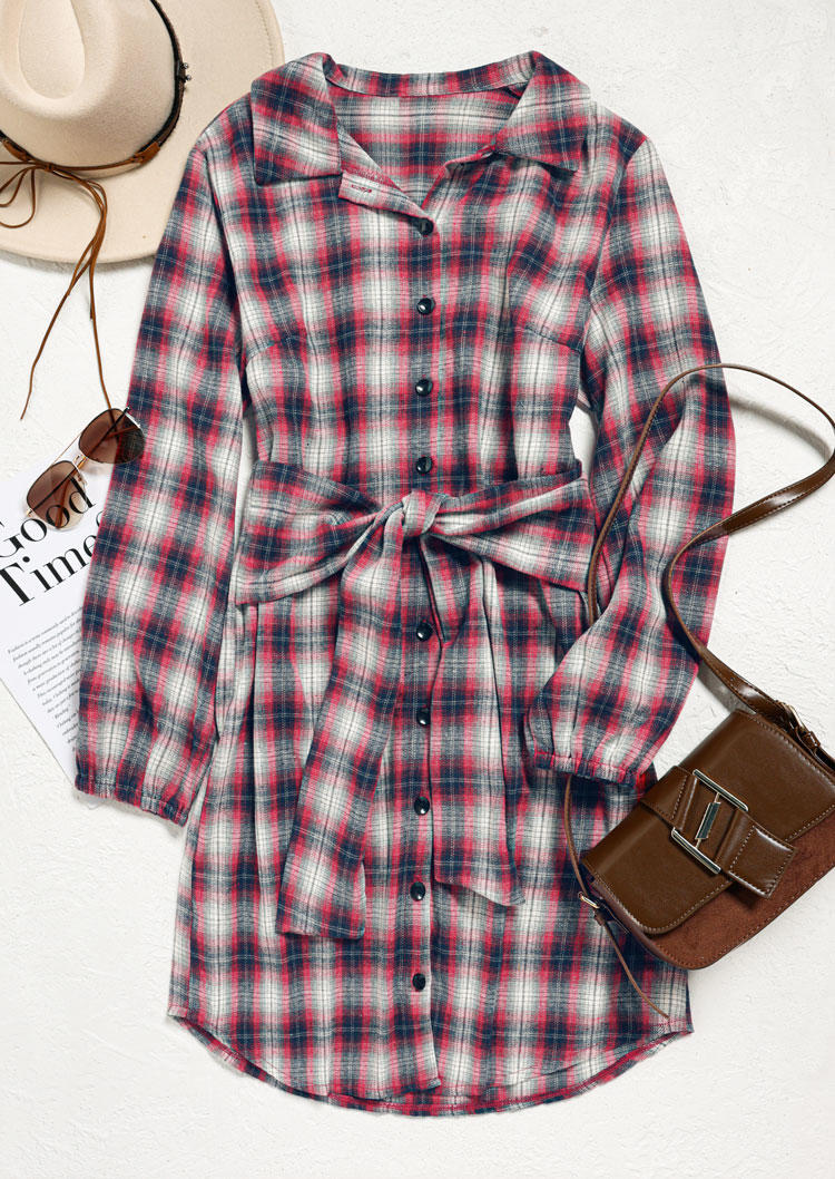 

Mini Dresses Plaid Button Tie Turn-Down Collar Shirt Mini Dress in Multicolor. Size