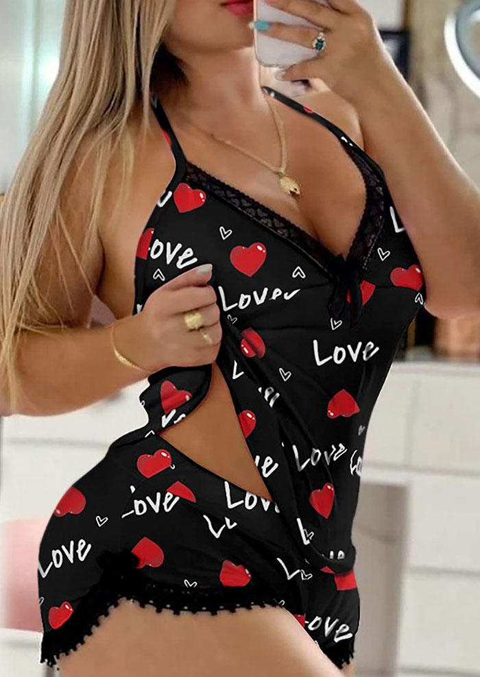 

Sleepwear Love Heart Lace Camisole And Shorts Pajamas Set in Black. Size