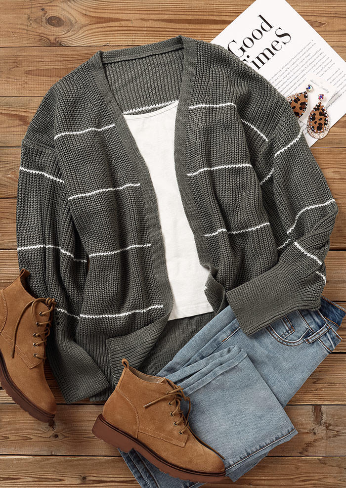Striped Knitted Long Sleeve Sweater Cardigan - Gray