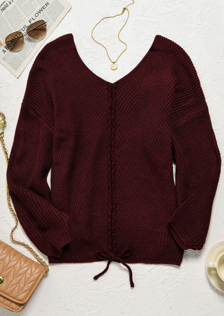 Sweaters Lace Up V-Neck Long Sleeve Sweater - Burgundy in Red. Size: L,M