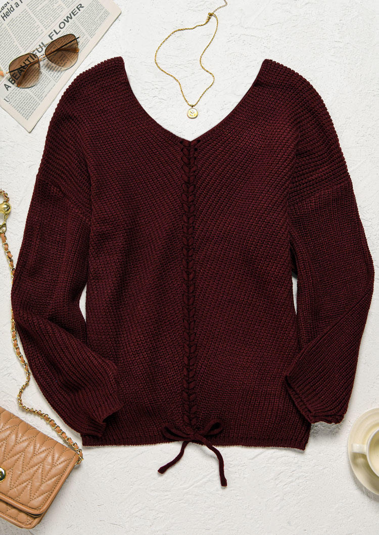 

Sweaters Lace Up V-Neck Long Sleeve Sweater - Burgundy in Red. Size