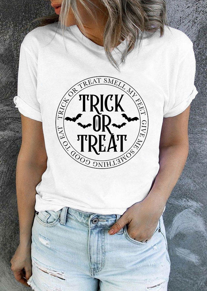 T-shirts Tees Halloween Trick Or Treat Bat O-Neck T-Shirt Tee in White. Size: L,M,S,XL