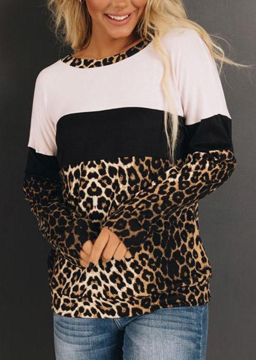 Blouses Leopard Color Block Long Sleeve Blouse in Multicolor. Size: L,S,XL