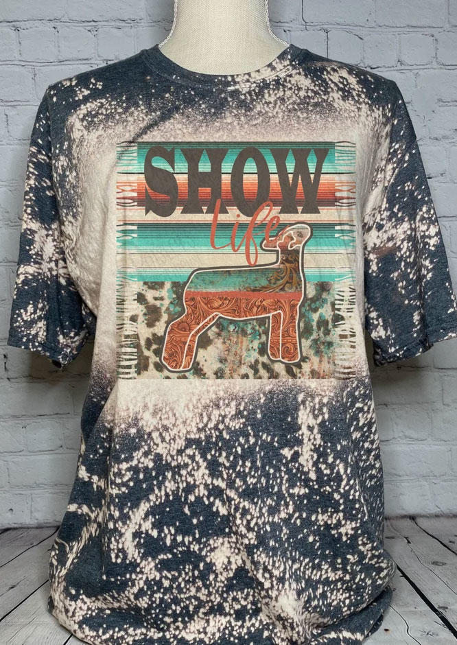 T-shirts Tees Show Life Deer Bleached O-Neck T-Shirt Tee in Multicolor. Size: L,M,S,XL