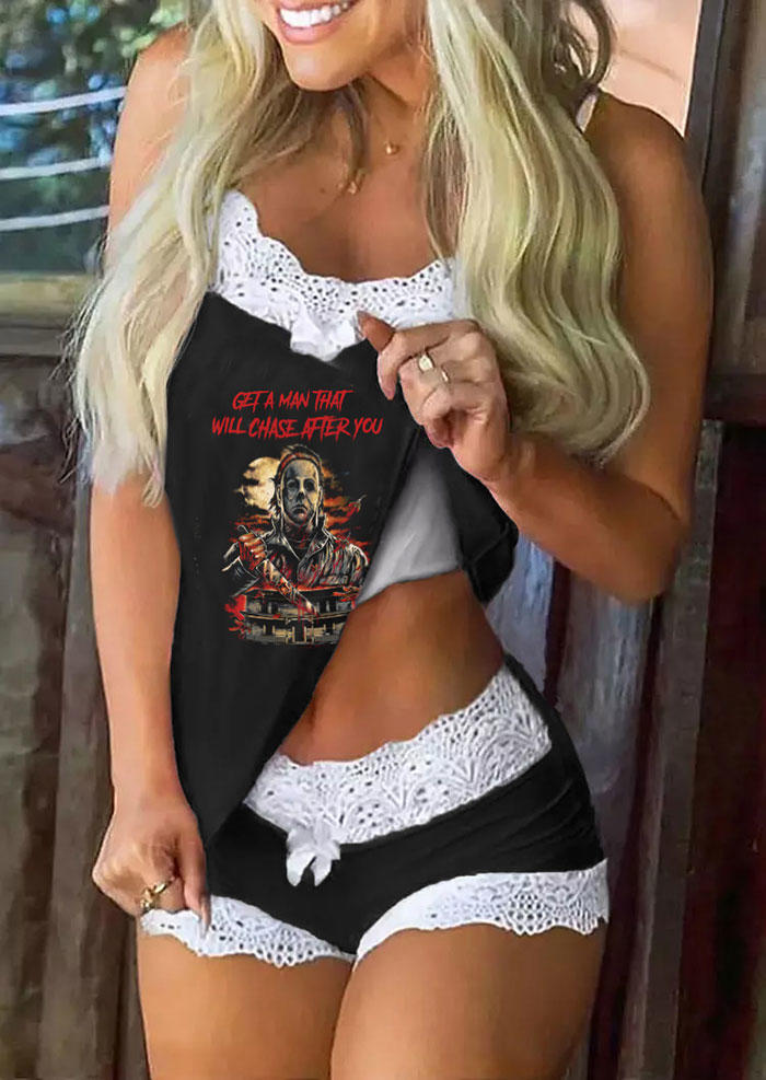 Sleepwear Halloween Get A Man That Will Chase After You Lace Splicing Camisole And Shorts Pajamas Set in Black. Size: XL
