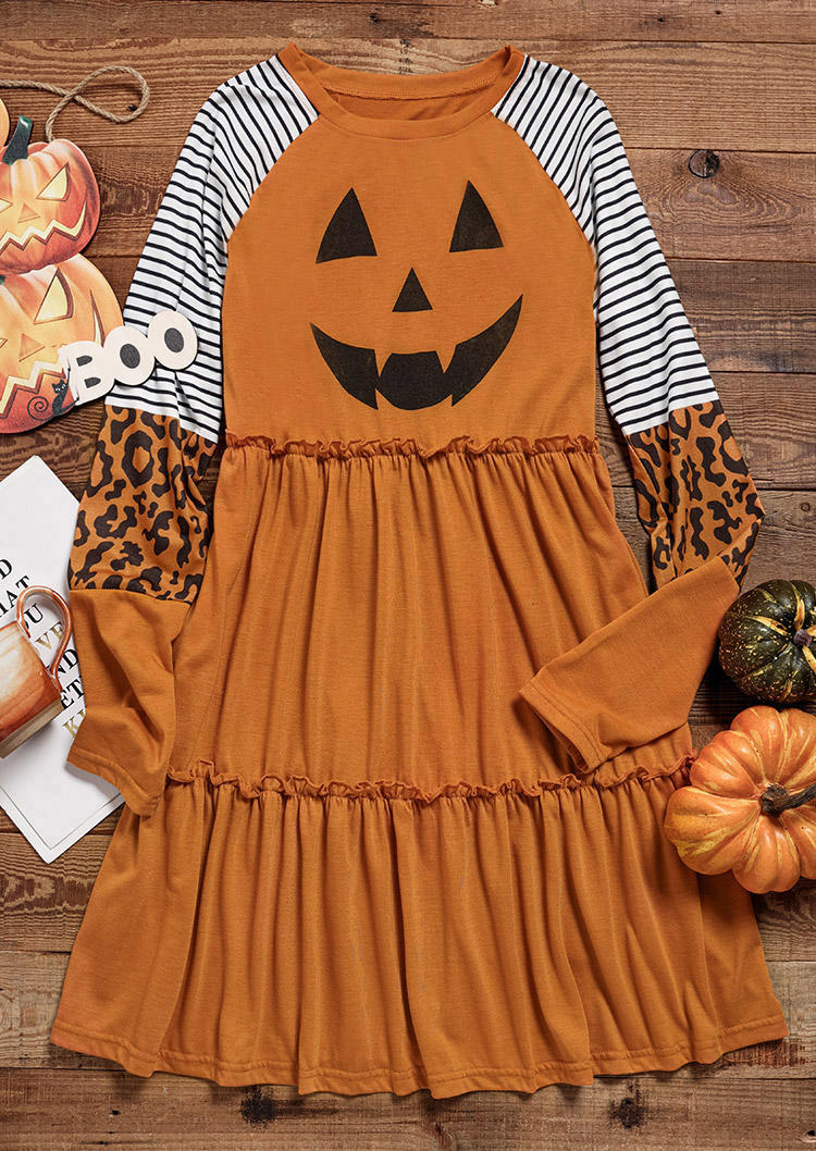

Mini Dresses Halloween Leopard Striped Pumpkin Face Ruffled Mini Dress in Orange. Size