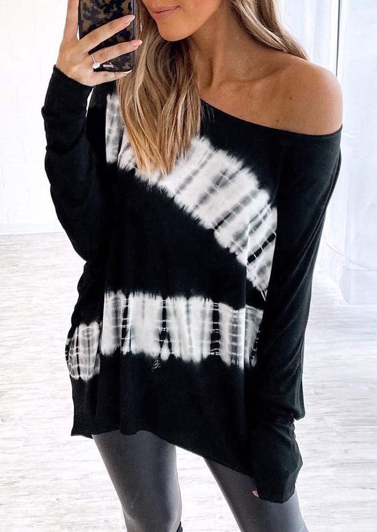 

Blouses Tie Dye Long Sleeve O-Neck Blouse without Lace Strap in Black. Size: L