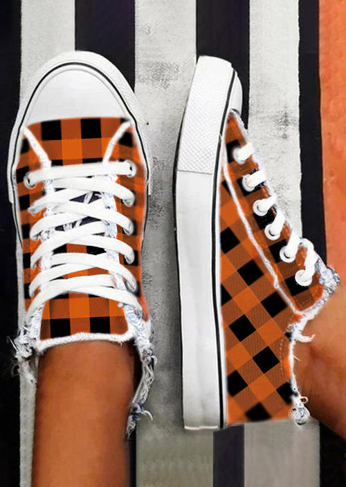 Sneakers Plaid Lace Up Flat Sneakers in Orange. Size: 37,38,39,40,41