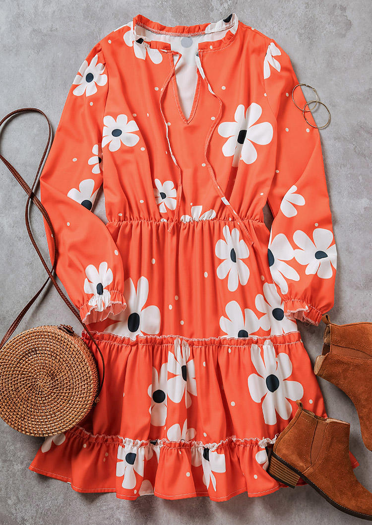 

Mini Dresses Floral Tie Ruffled Long Sleeve Mini Dress in Orange. Size: L,M,,XL