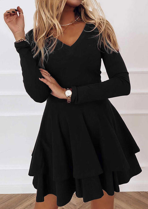 Ruffled Layered Long Sleeve V-Neck Mini Dress - Black