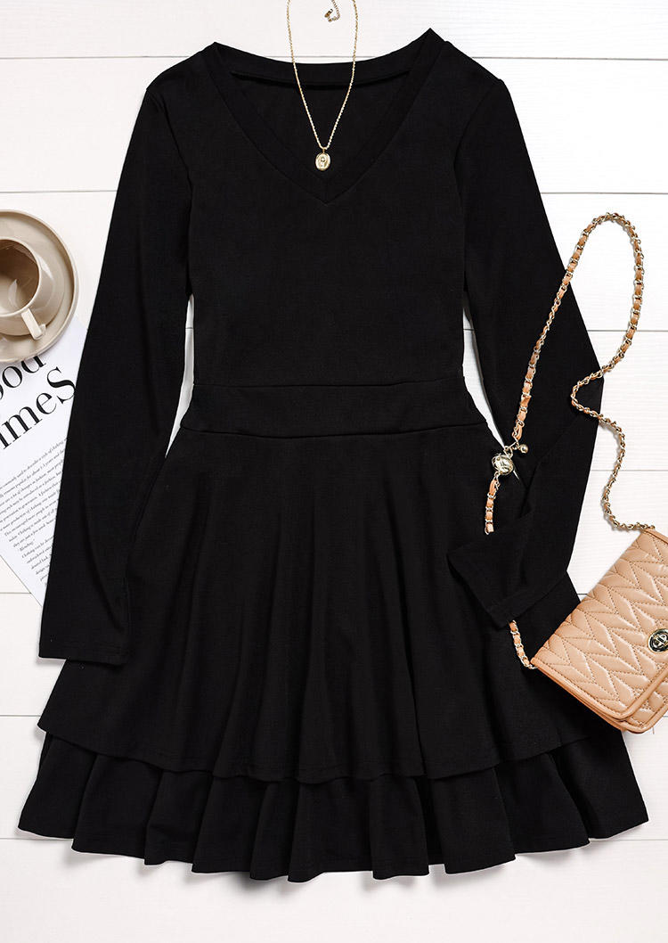 

Mini Dresses Ruffled Layered Long Sleeve V-Neck Mini Dress in Black. Size