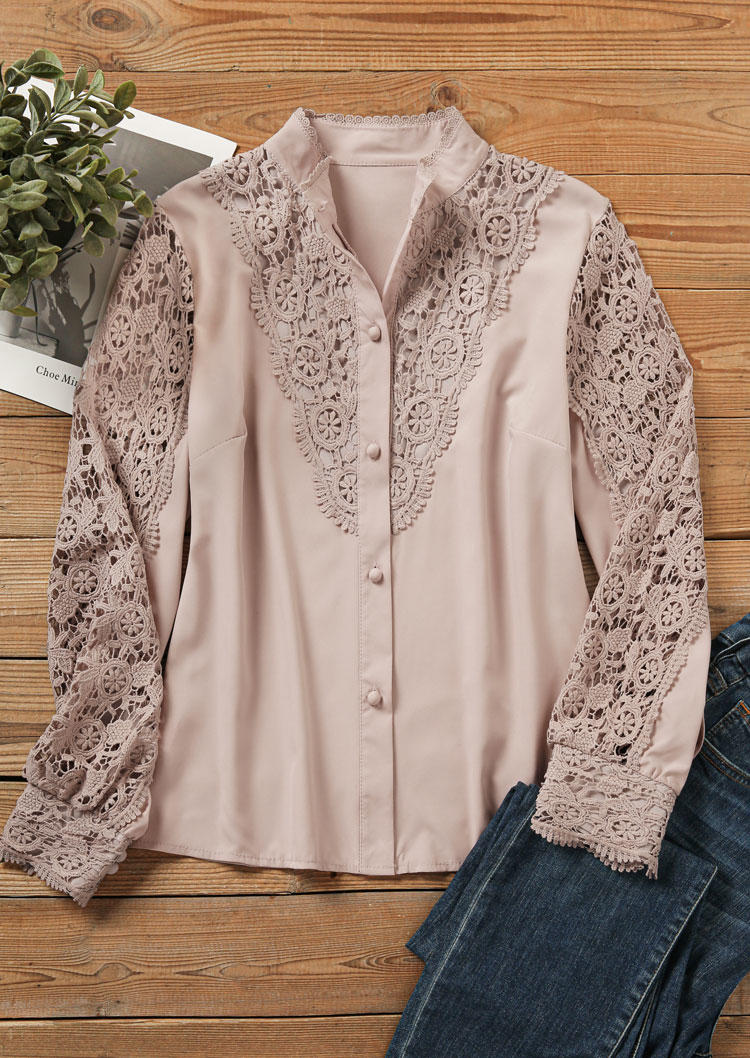 

Shirts Lace Splicing Button Long Sleeve Shirt in Pink. Size