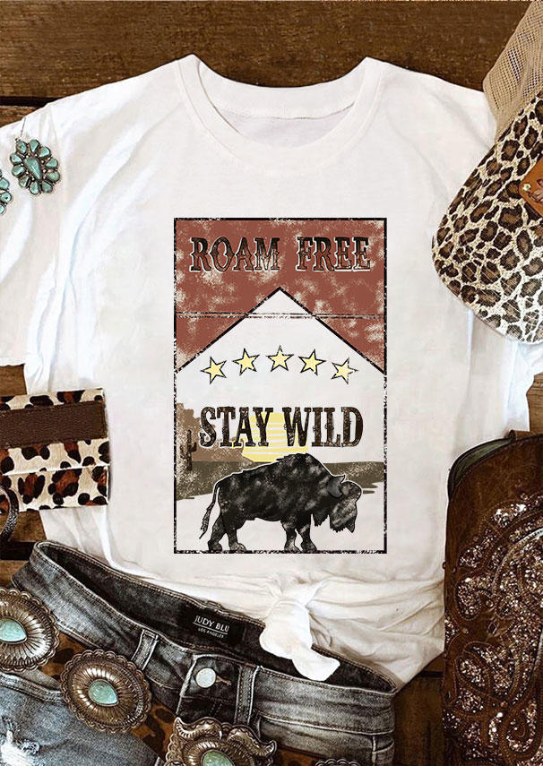 T-shirts Tees Stay Wild Roam Free Star Cattle O-Neck T-Shirt Tee in White. Size: L,M,S,XL