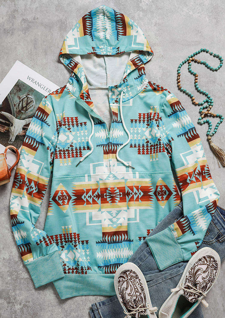 

Hoodies Aztec Geometric Drawstring Zipper Hoodie in Blue. Size