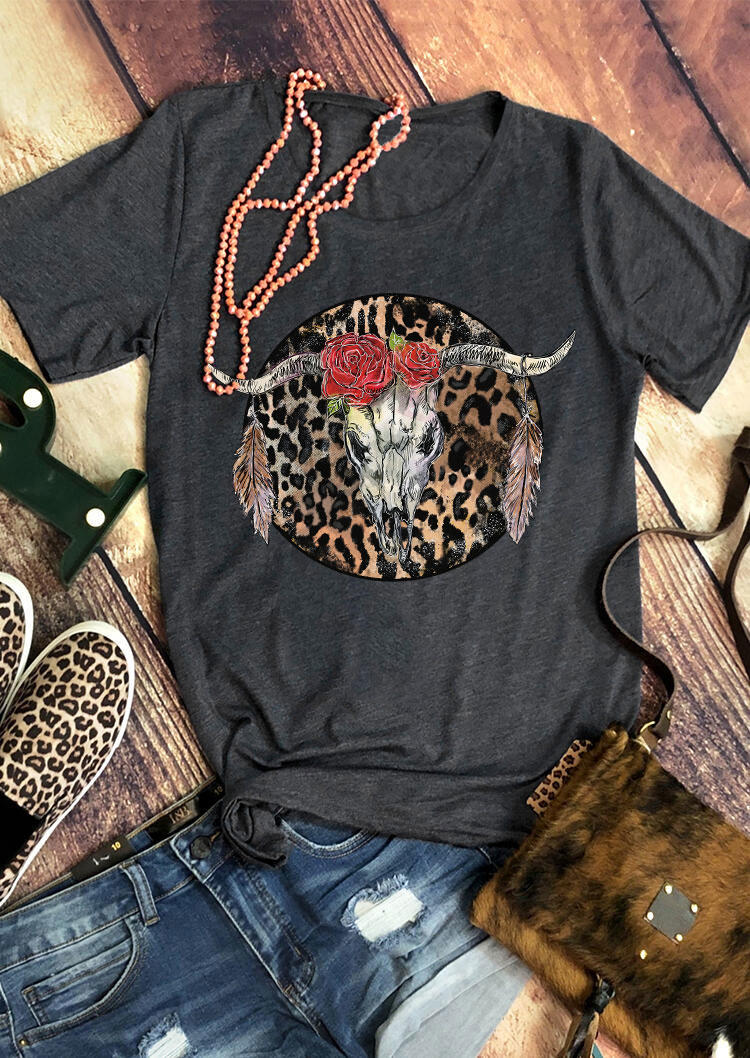 

T-shirts Tees Leopard Steer Skull Floral Feather O-Neck T-Shirt Tee - Dark Grey in Gray. Size