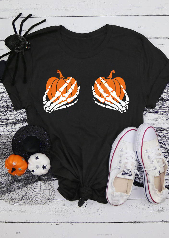 Halloween Pumpkin Skeleton Hand O-Neck T-Shirt Tee - Black