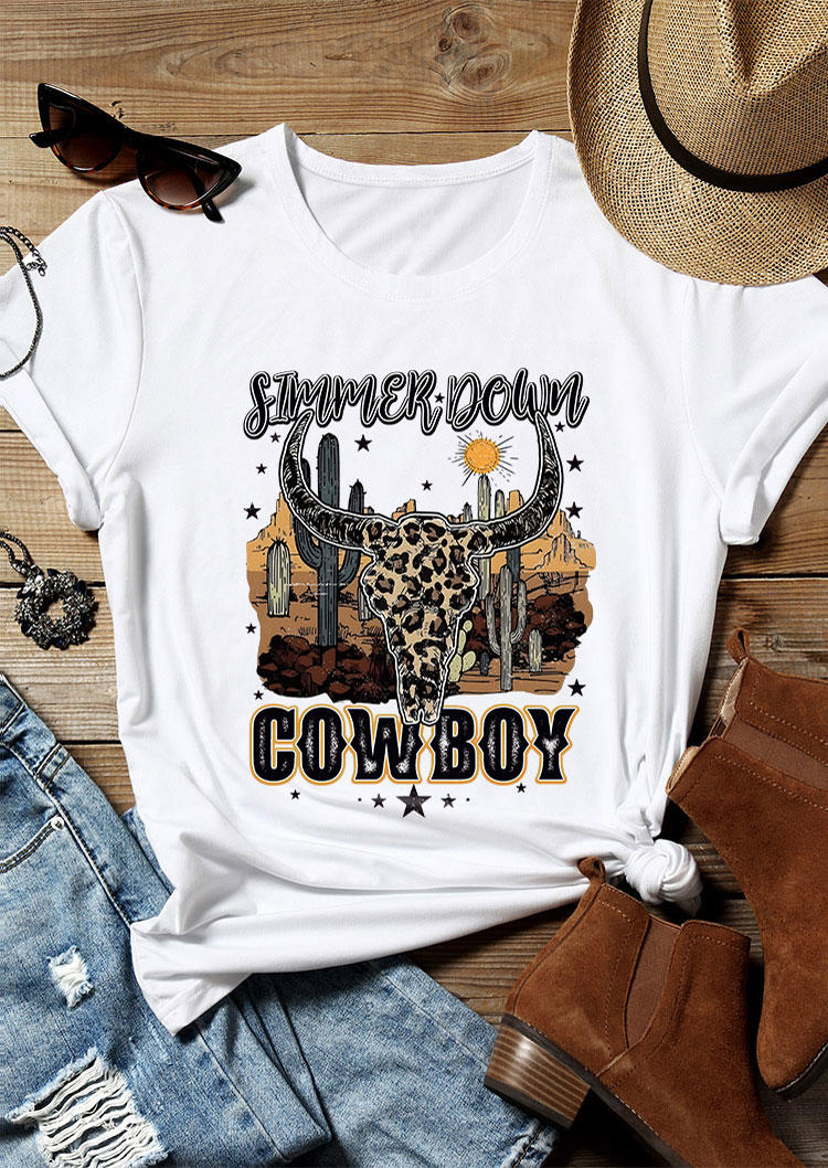 T-shirts Tees Simmer Down Cowboy Leopard Steer Skull T-Shirt Tee in White. Size: L,M,S,XL
