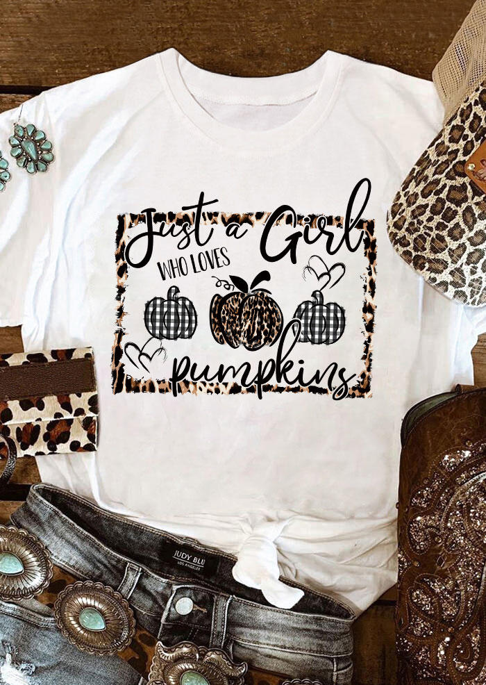

T-shirts Tees Just A Girl Who Loves Pumpkins Plaid Leopard T-Shirt Tee in White. Size: L,,XL