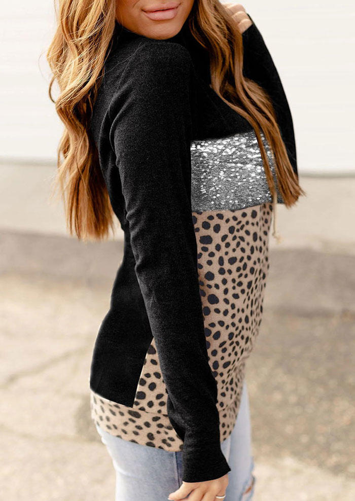 

Hoodies Leopard Color Block Sequined Drawstring Hoodie in Multicolor. Size: L,M,,XL