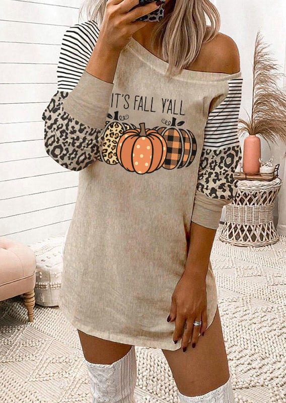 

Mini Dresses It' Fall Y'all Leopard Plaid Pumpkin Striped Mini Dress - Light Khaki in Khaki. Size: ,XL