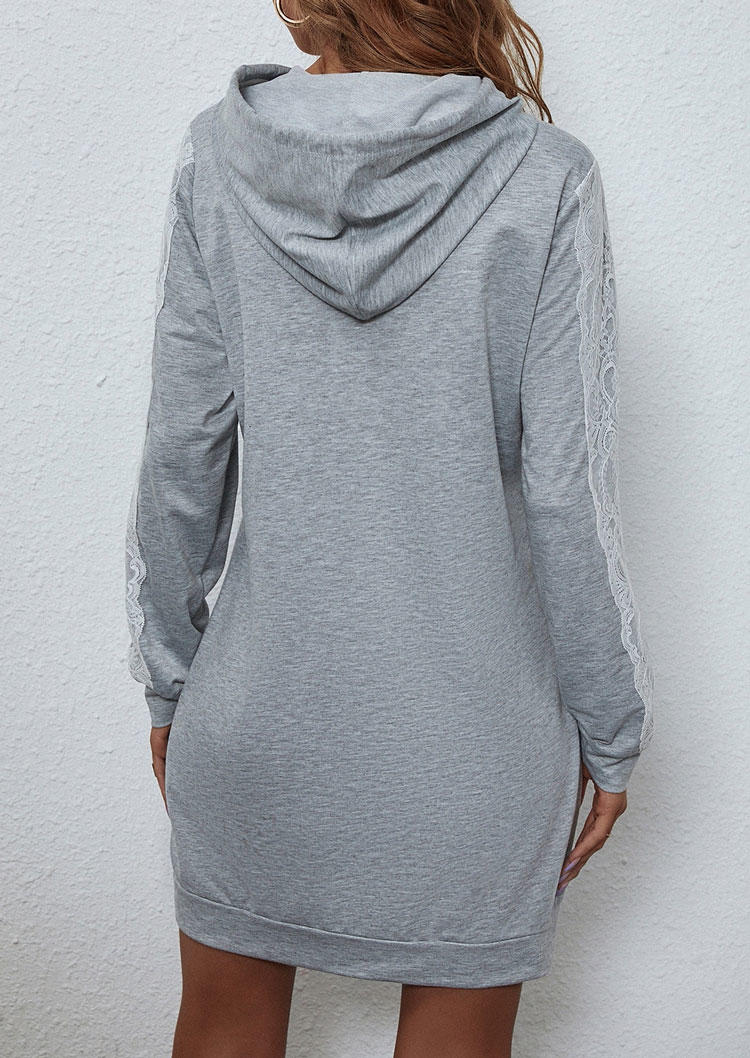 Lace Splicing Drawstring Hooded Mini Dress - Light Grey