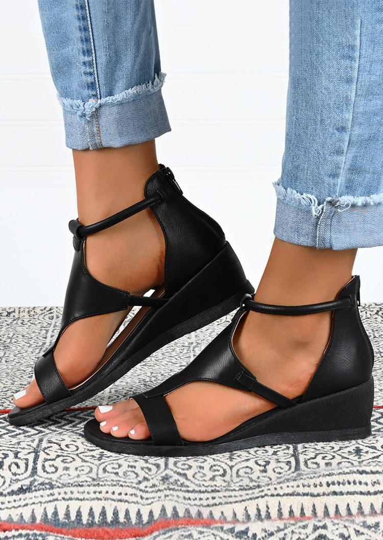 

Sandals Vintage PU Zipper Wedge Sandals in Black. Size
