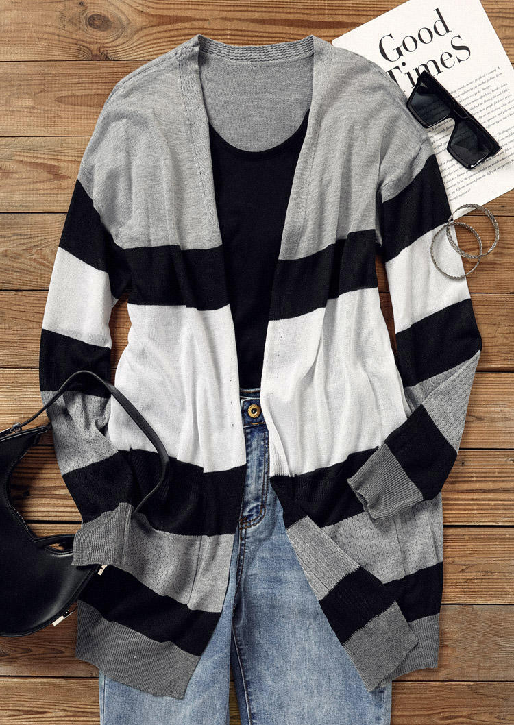 Striped Pocket Long Sleeve Sweater Cardigan