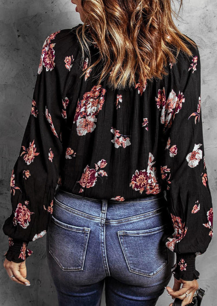 

Blouses Floral Long Sleeve V-Neck Blouse in Black. Size