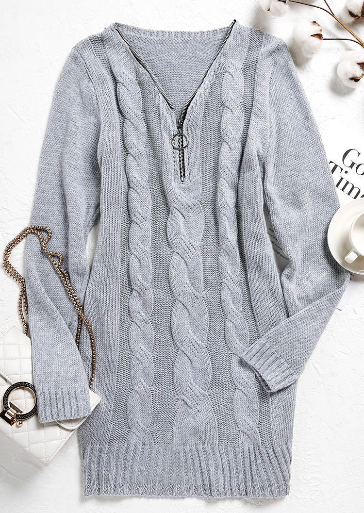 Crochet Zipper Collar Sweater Mini Dress - Gray