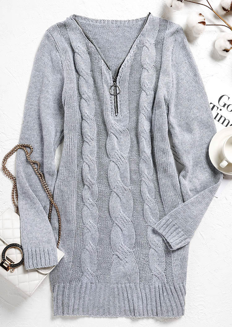 

Sweater Dresses Crochet Zipper Collar Sweater Dress in Gray. Size