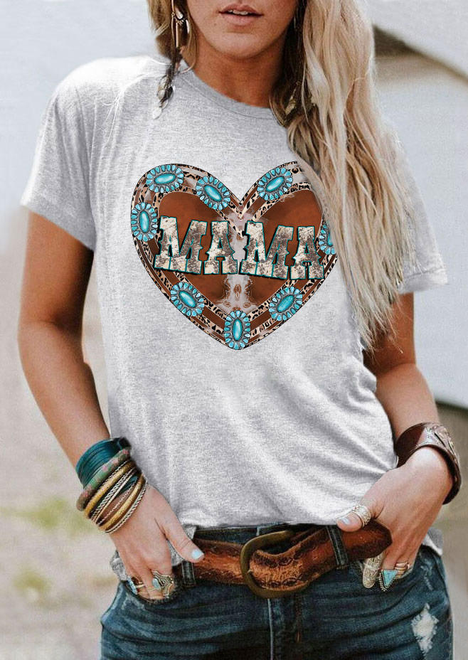T-shirts Tees Mama Heart Cow Turquoise T-Shirt Tee - Light Grey in Gray. Size: L,M,S,XL