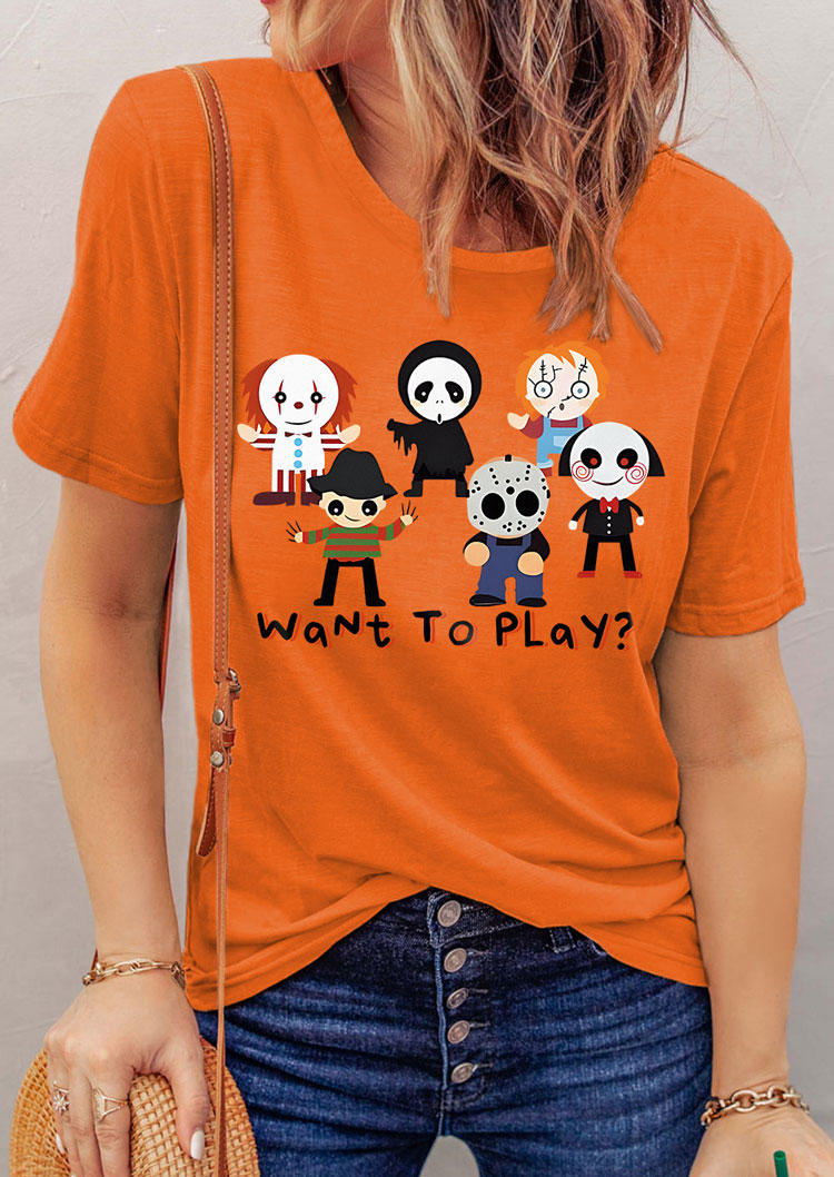 Halloween Want To Play O-Neck T-Shirt Tee - Orange