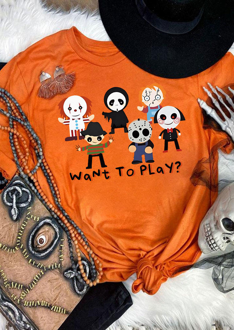 T-shirts Tees Halloween Want To Play O-Neck T-Shirt Tee in Orange. Size: M,S,XL