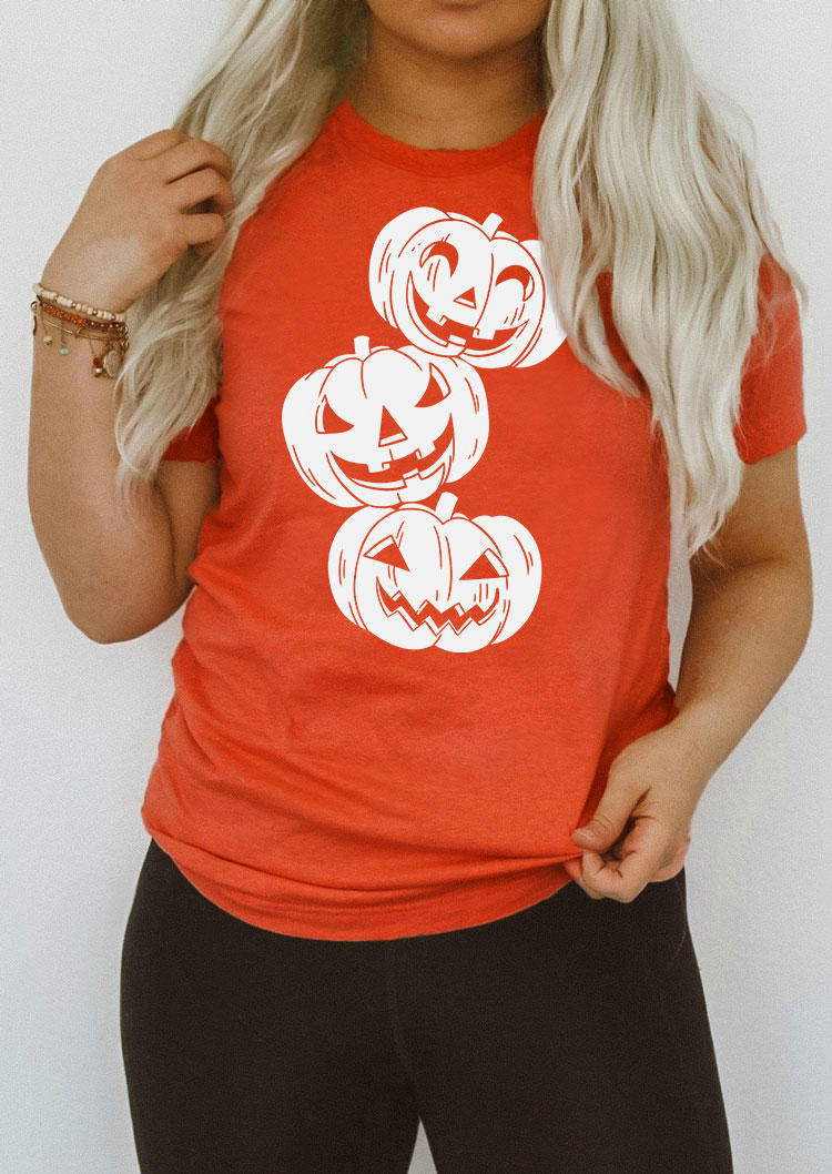 Halloween Pumpkin Face O-Neck T-Shirt Tee - Orange