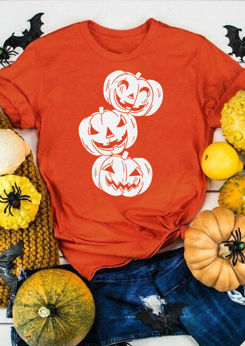T-shirts Tees Halloween Pumpkin Face O-Neck T-Shirt Tee in Orange. Size: L,M,S,XL
