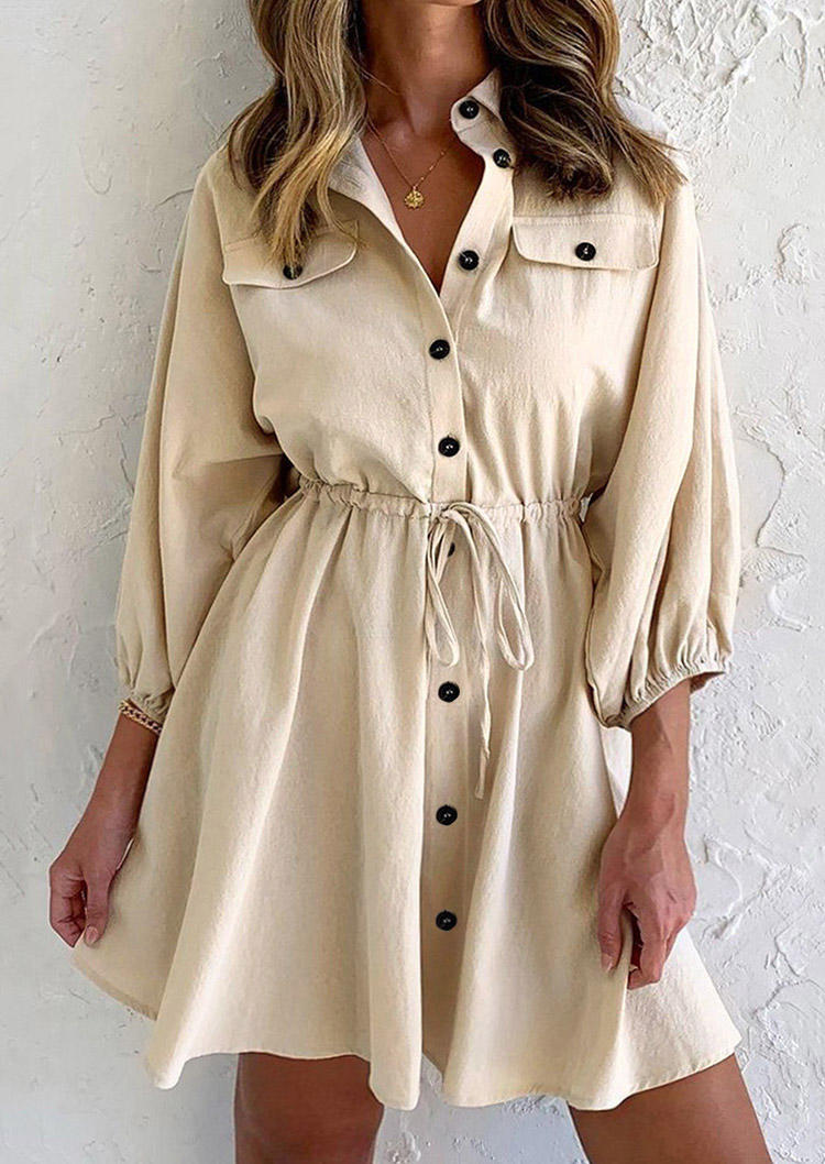Button Turn-down Collar Tie Mini Dress - Khaki