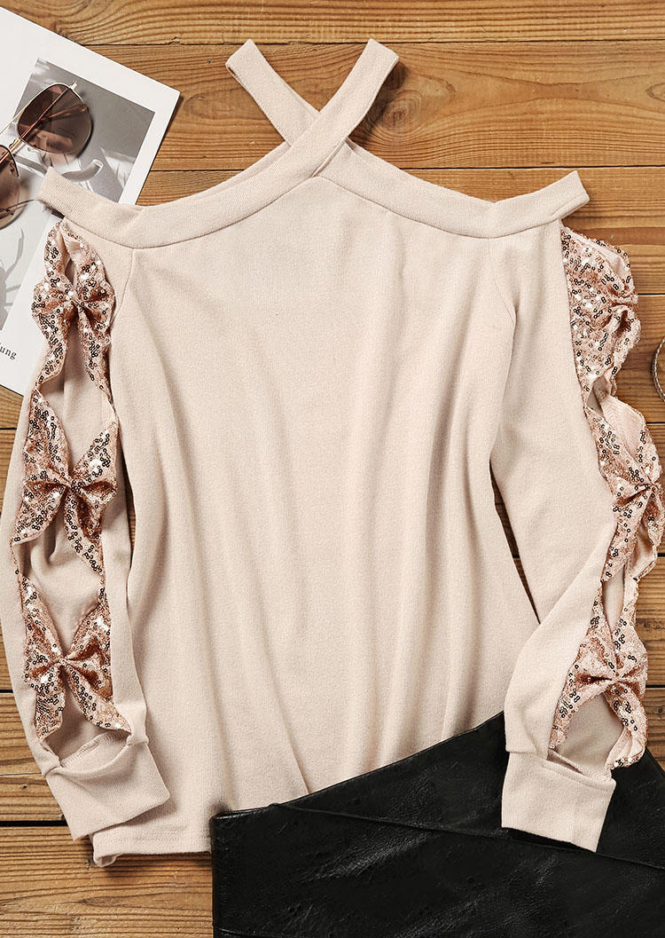Blouses Sequined Bowknot Cold Shoulder Blouse in Apricot. Size: L,M,XL