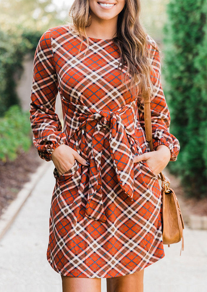 Plaid Pocket Tie Long Sleeve Mini Dress