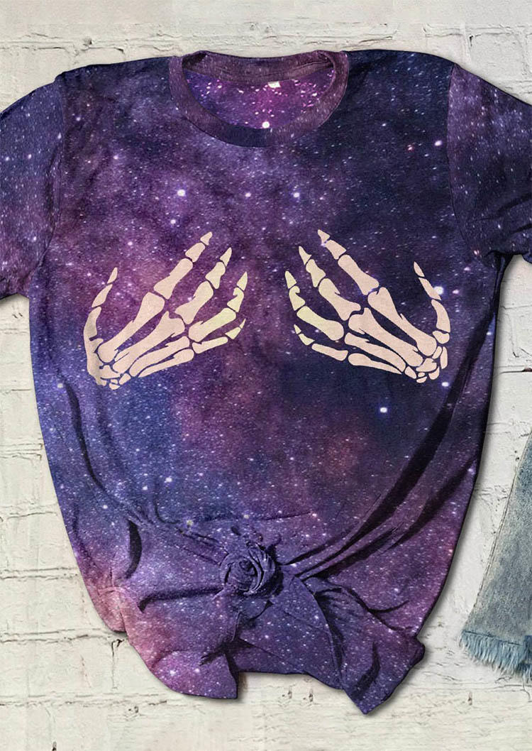 

T-shirts Tees Halloween Skeleton Hand Starry Sky T-Shirt Tee in Purple. Size