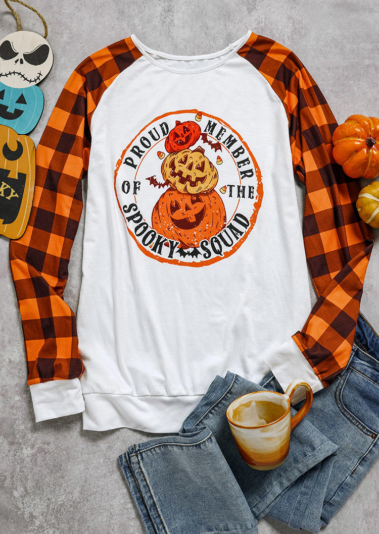 T-shirts Tees Halloween Proud Member Of The Spooky Squad Plaid Pumpkin Face T-Shirt Tee in White. Size: L,M,S,XL